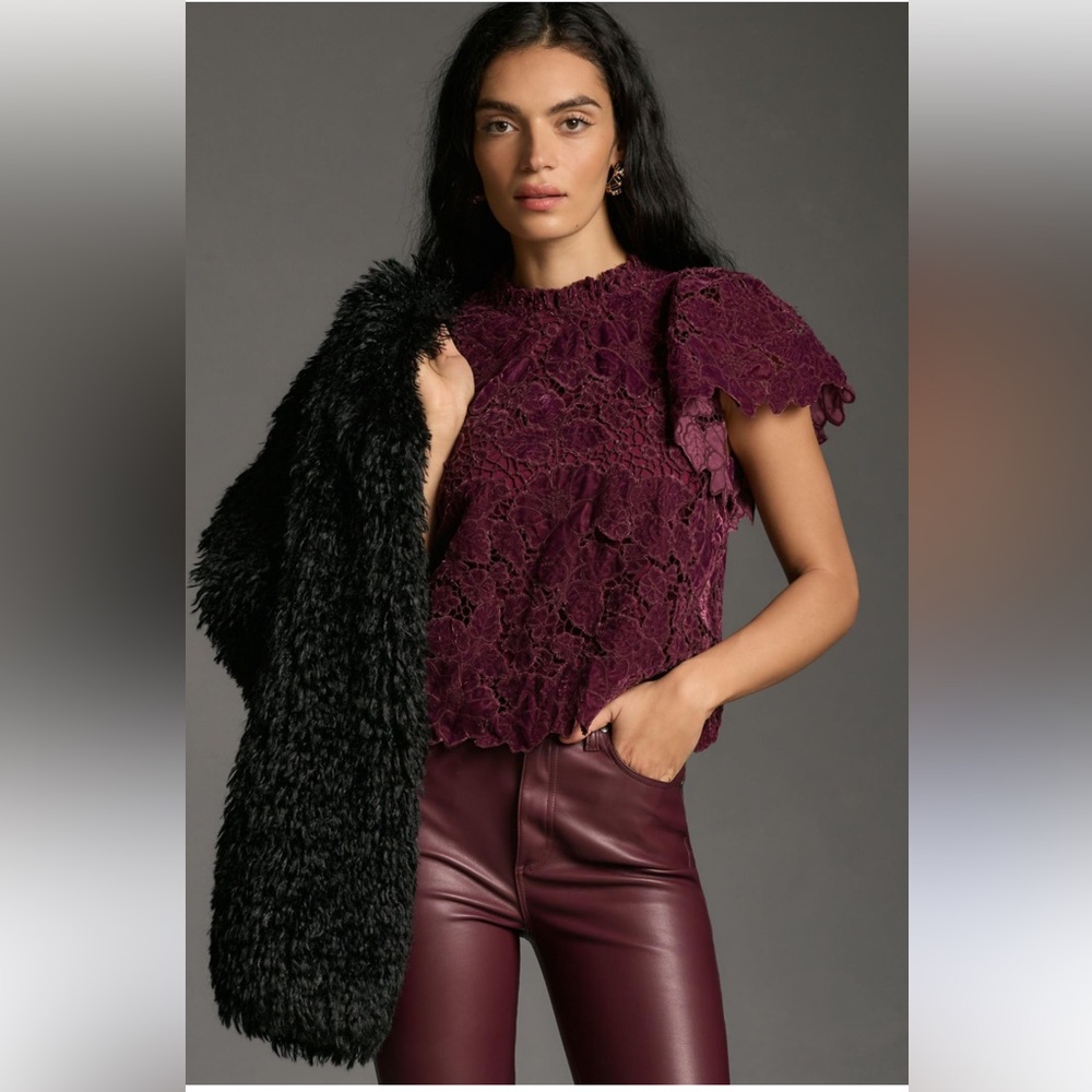 NWT By Anthropologie ruffled Lace Velvet Blouse in Dark purple Size XXS